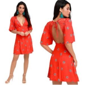 Free People Red Floral Mini Dress Puff Sleeve Open Back Size 10